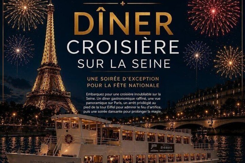 The Eiffel Tower at night with fireworks, a boat, and illuminated buildings. 1