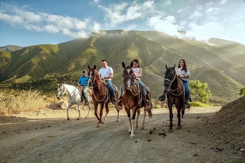 A group of people riding horses on a dirt road with mountains in the background. 4