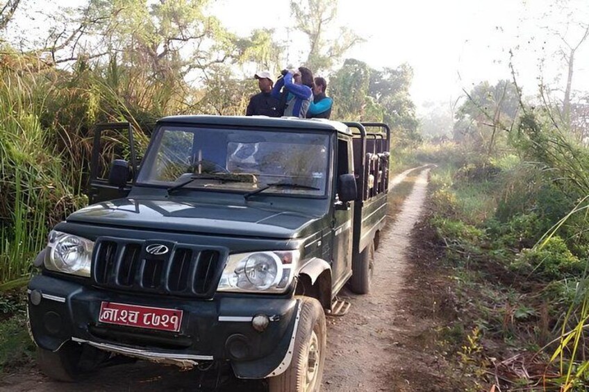 A black off-road vehicle with passengers on a dirt path surrounded by greenery. 4