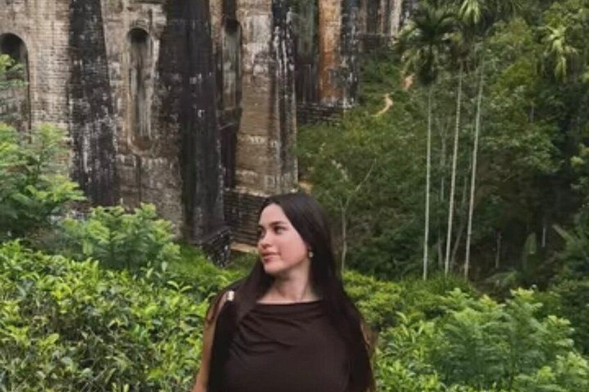 A person standing in front of a large, ancient stone structure with columns, surrounded by lush greenery. 2