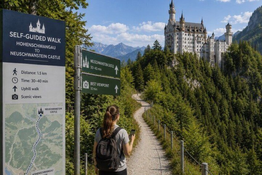 A self-guided walk path leading to Neuschwanstein Castle with a distance of 1.5 km and an uphill walk time of 30-40 minutes. 2
