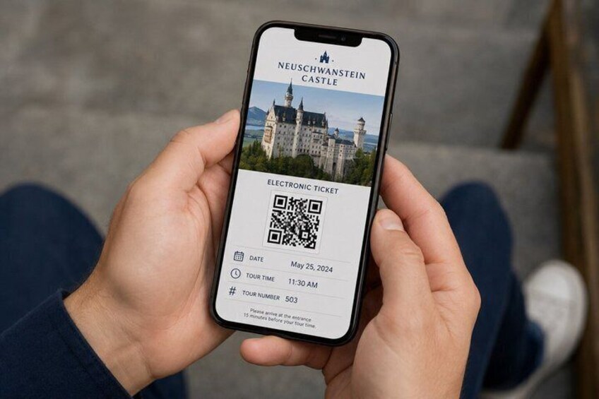 A smartphone displaying an electronic ticket for Neuschwanstein Castle with a QR code, tour date, and time. 3