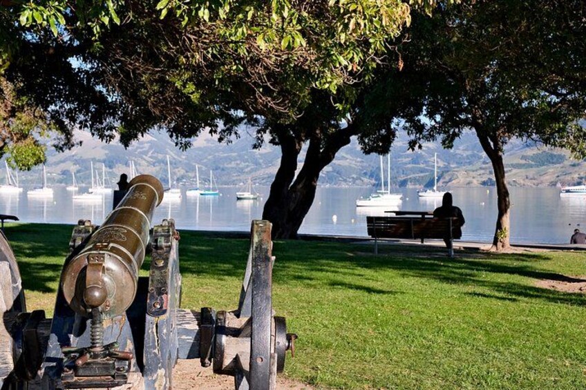 A cannon on a grassy area with a lake and boats in the background. 5