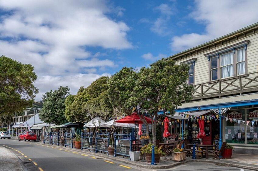 A street with shops, trees, and a red car. 4
