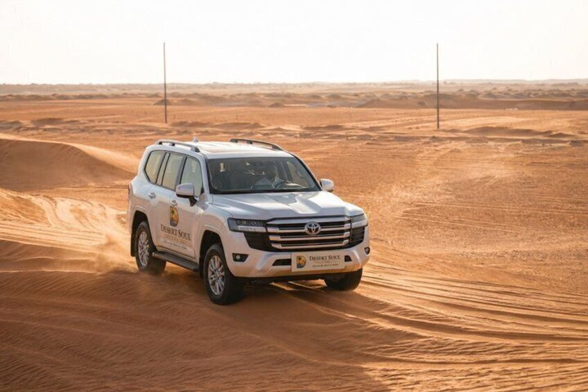 A white SUV driving on a sandy desert road. 1