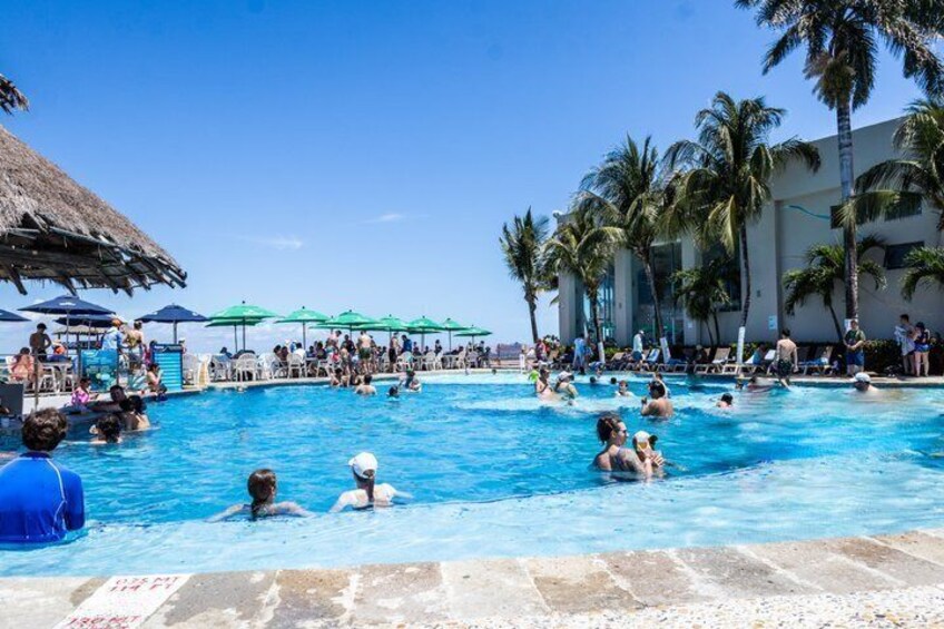 A swimming pool with people in the water, palm trees, and a thatched-roof structure. 4