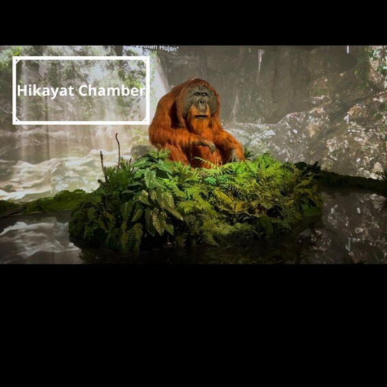 An orangutan sitting on a mossy rock in a lush forest setting. 5