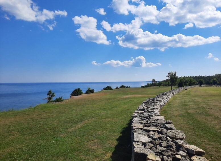 A stone wall, grassy field, trees, and a clear blue sky with clouds. 3
