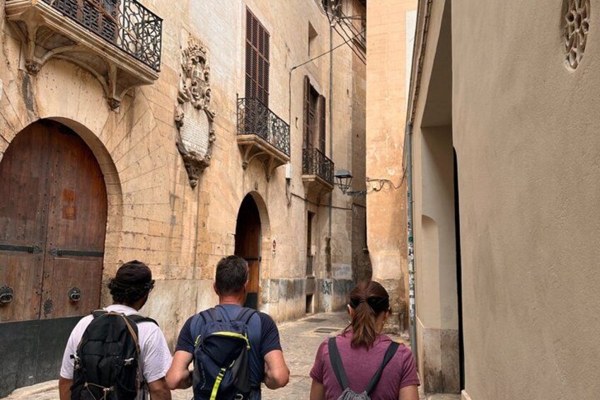 A narrow alley with stone buildings, large wooden doors, and wrought iron balconies. 2