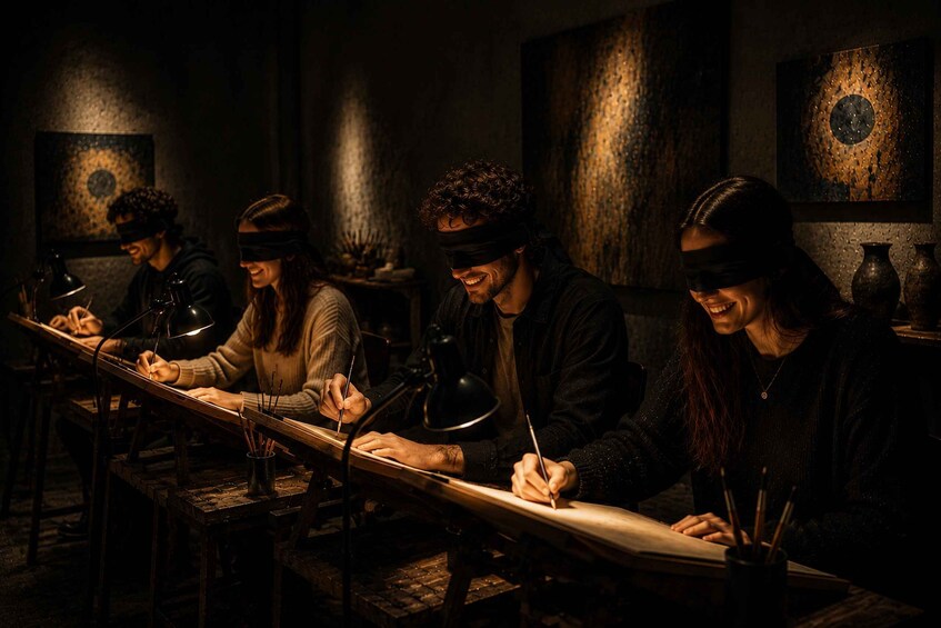 A group of people blindfolded, working at desks with writing instruments and lamps. 3