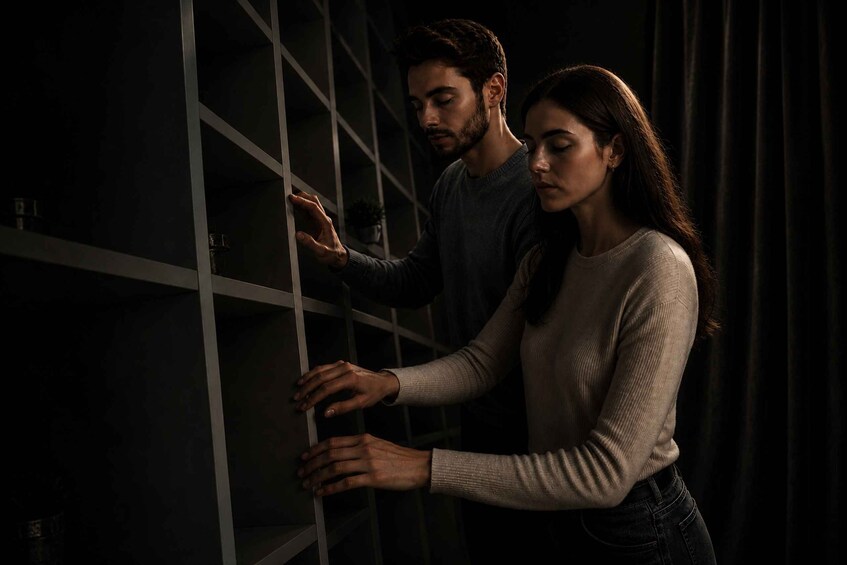 Two people standing in front of a window with metal bars. 5