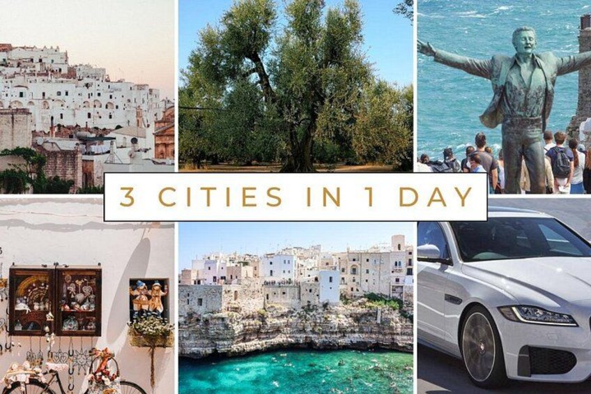 Un collage présentant divers paysages urbains, notamment une ville côtière, une statue, un bâtiment doté d’une horloge, une rue bordée d’arbres et une voiture. 1