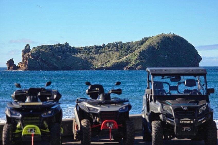 Three ATVs on a dock with a rocky island in the background. 3