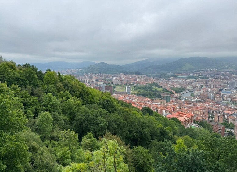 A cityscape with dense urban buildings, a river, and surrounding hills. 3