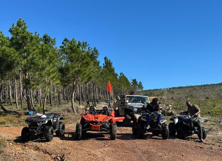 Four off-road vehicles parked on a dirt path with a forest in the background. 5