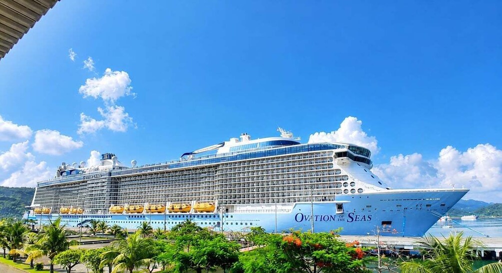 A large cruise ship docked at a port with palm trees and clear skies in the background. 2