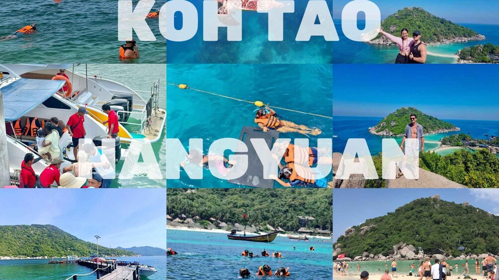 Koh Tao and Koh Nangyuan with clear blue waters, boats, and people engaging in water activities. 2