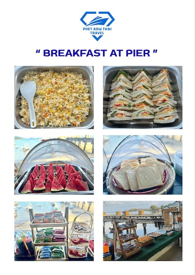 A breakfast buffet with rice dishes, sandwiches, watermelon slices, bread, and various packaged snacks. 2