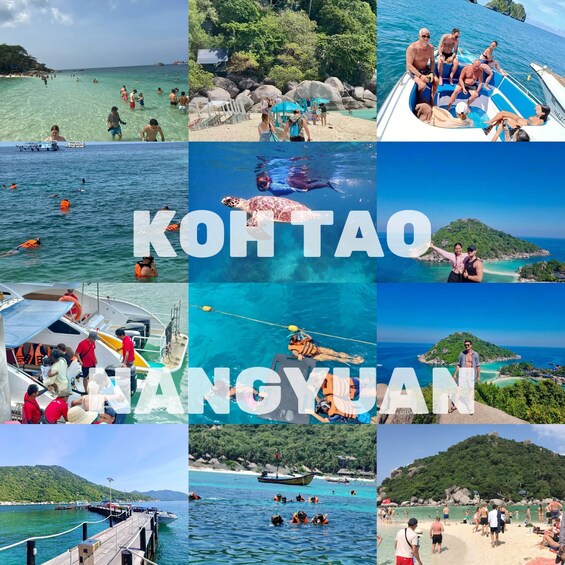 A collage of Koh Tao and Nguyuan beaches with clear waters, boats, and people engaging in water activities. 1