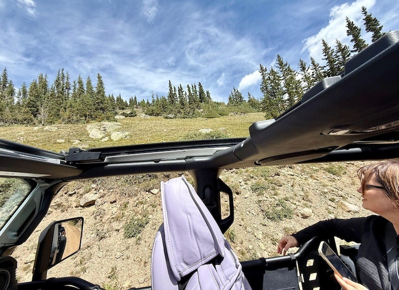 A vehicle interior with a view of a rocky terrain and trees. 4