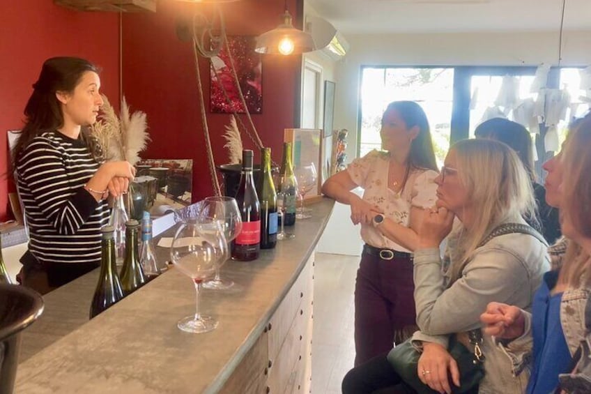A bar with wine bottles and glasses, a person serving drinks, and a group of people conversing. 4