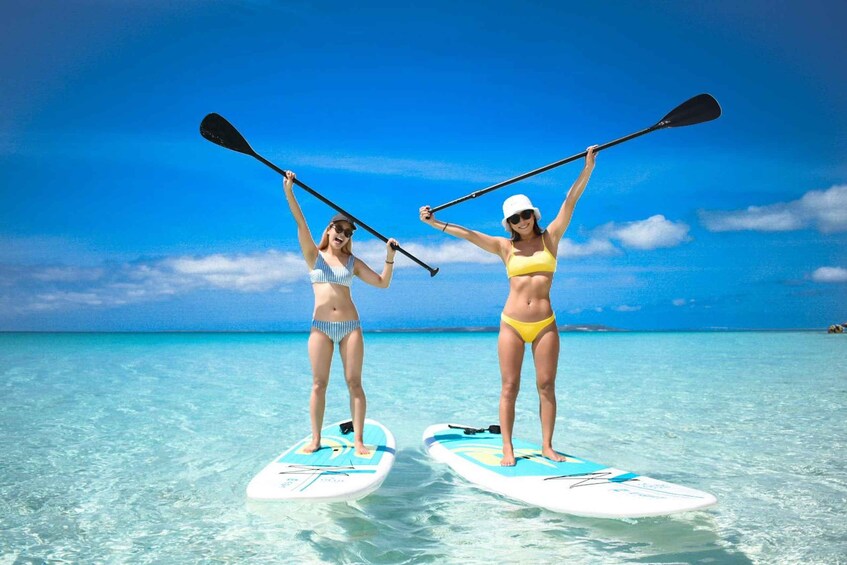 Two people paddleboarding on turquoise water with a clear blue sky. 5