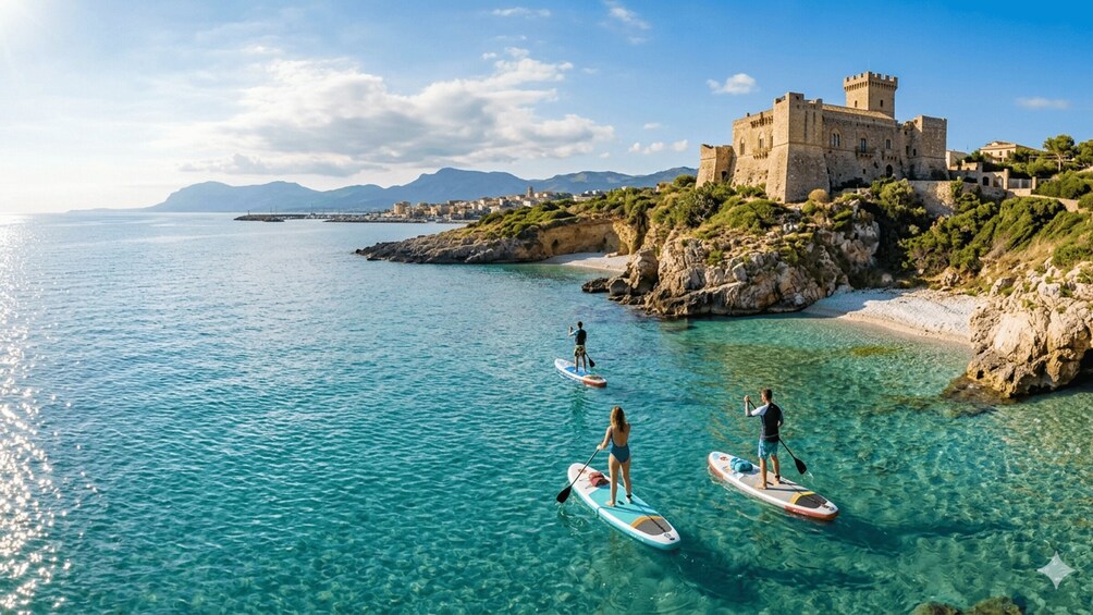 Three paddleboarders on a clear turquoise sea, a castle on a hill, and a coastal town in the background. 2