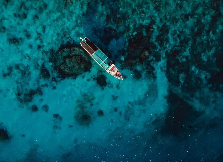 An aerial view of a boat on clear turquoise water with coral formations. 5