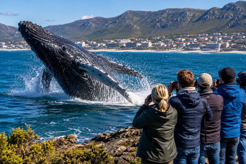 A whale breaching the ocean with people observing. 2