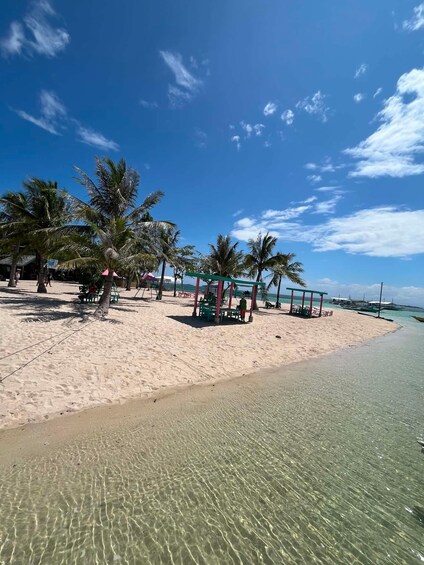 A beach with clear water, palm trees, and beach umbrellas. 2