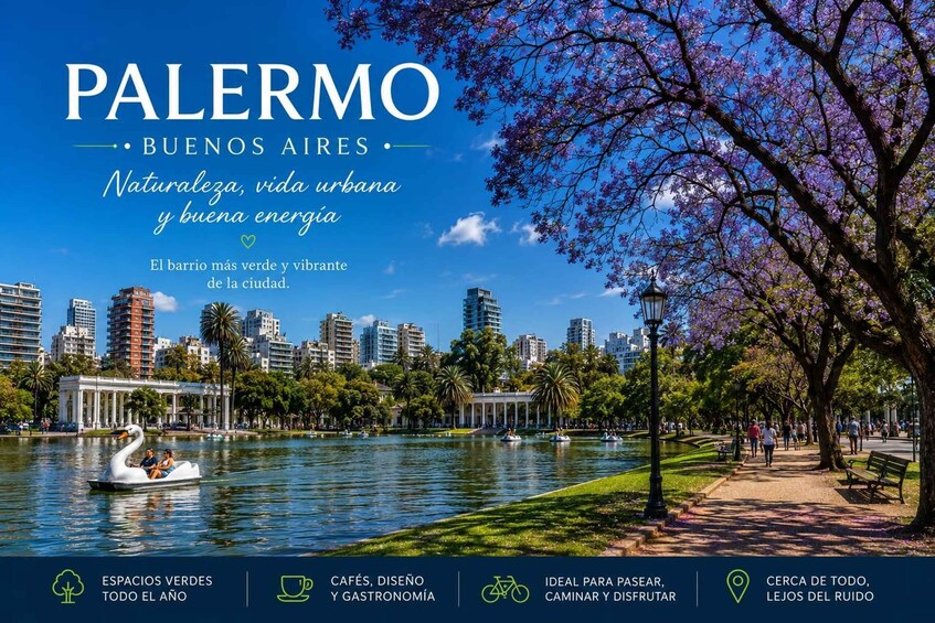 A park with a swan boat, a cityscape, and cherry blossoms. 2