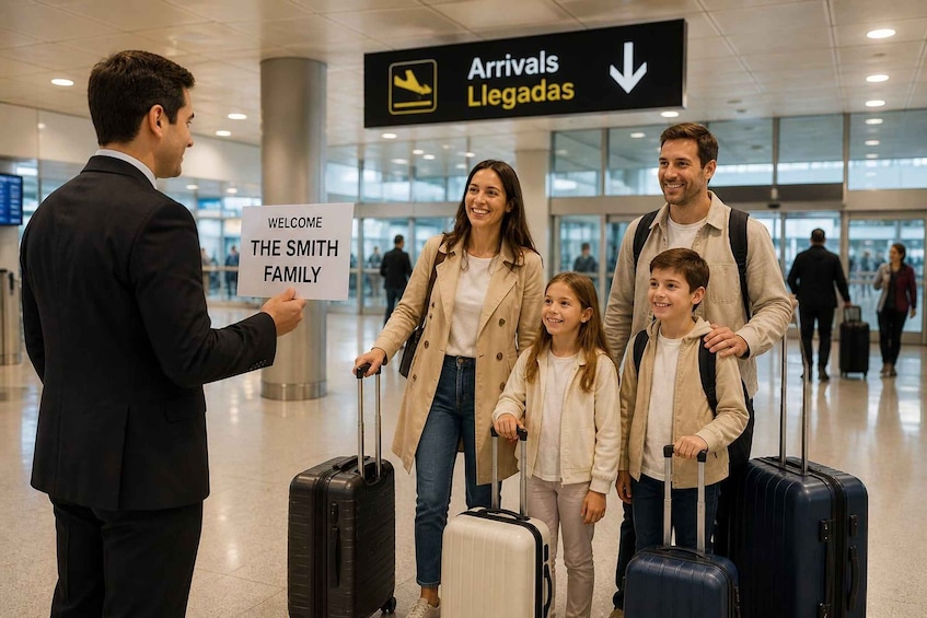A family with suitcases at an airport arrivals area. 1