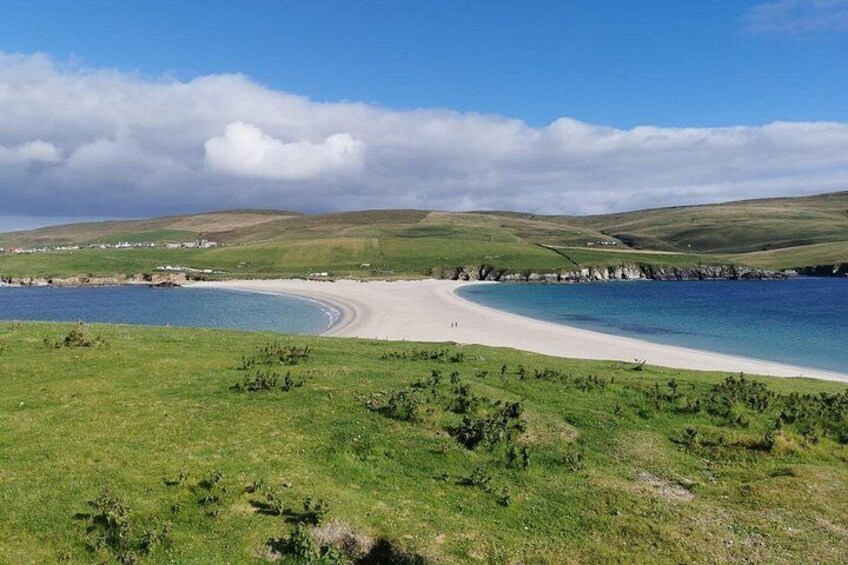 A coastal landscape with a sandy beach, grassy terrain, and a body of water. 1
