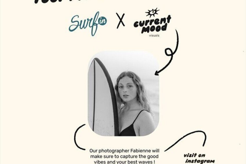 A person holding a surfboard, with text overlay mentioning a photographer named Fabienne and an Instagram visit. 2