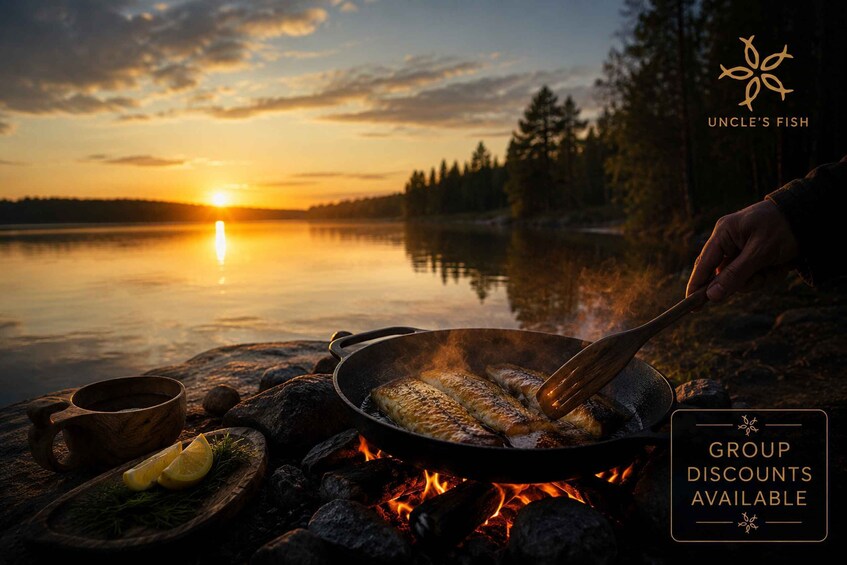 A sunset over a lake with grilled fish and a campfire. 2