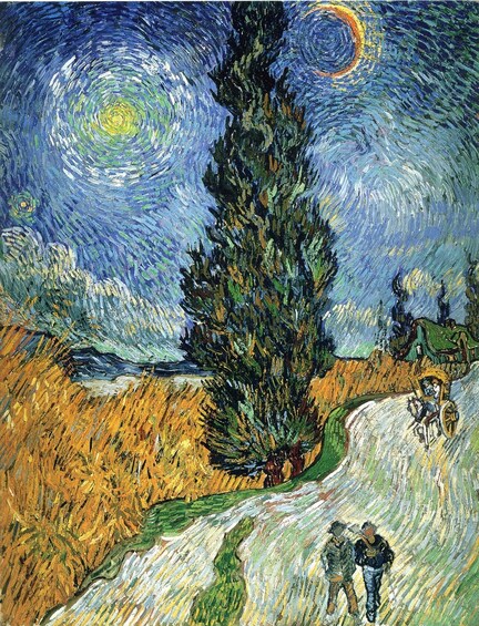 A starry night with a large tree and two figures in a snowy landscape. 2