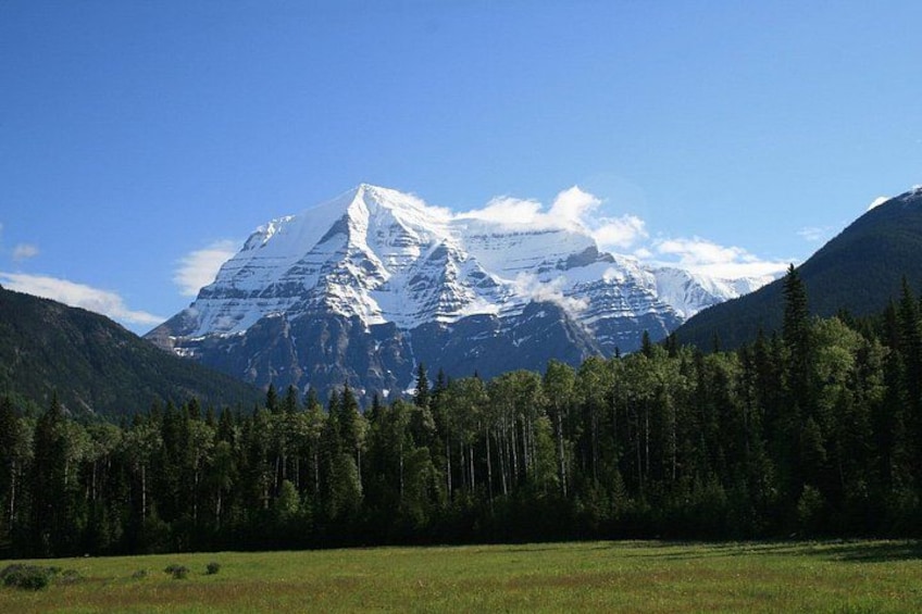 A snow-capped mountain, a forested valley, and a clear blue sky. 1
