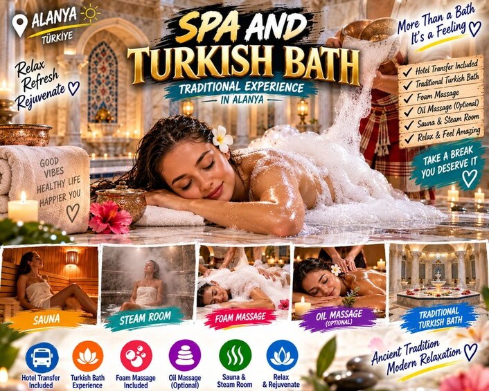A spa and Turkish bath experience in Alanya, including hotel transfer, traditional Turkish bath, foam massage, oil massage, sauna, steam room, and relaxation. 1