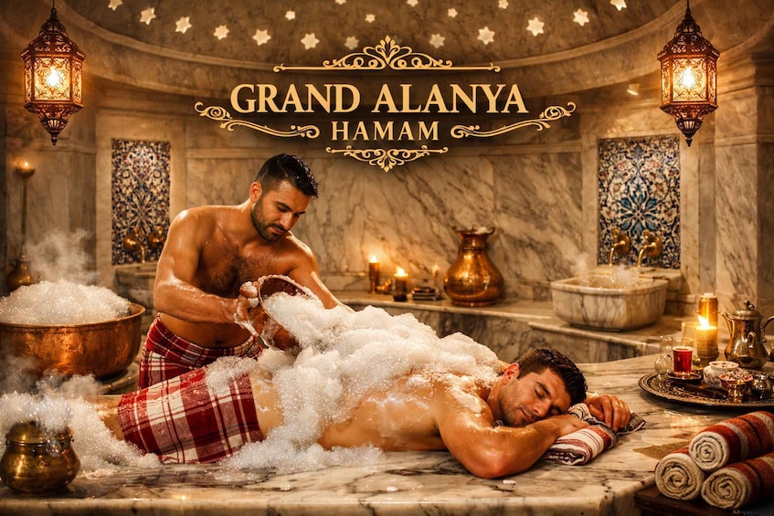 A man receiving a traditional bath in a luxurious setting with ornate decor and a grand title. 5