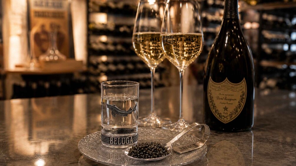 Une bouteille de champagne Dom Pérignon, deux verres de vin blanc, un petit verre rempli d’eau et une cuillère de caviar noir, le tout posé sur le comptoir d’un bar. 3