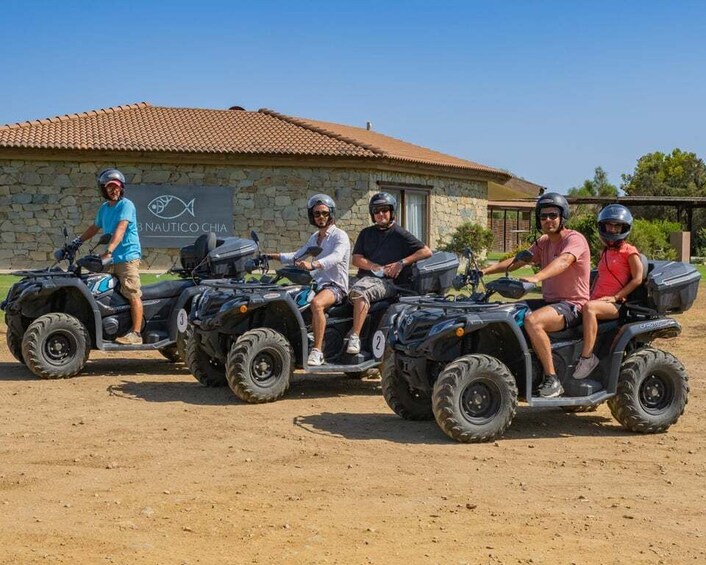 A group of people on ATVs in front of a building with a sign that reads 'NAUTICO CHIA.' 3