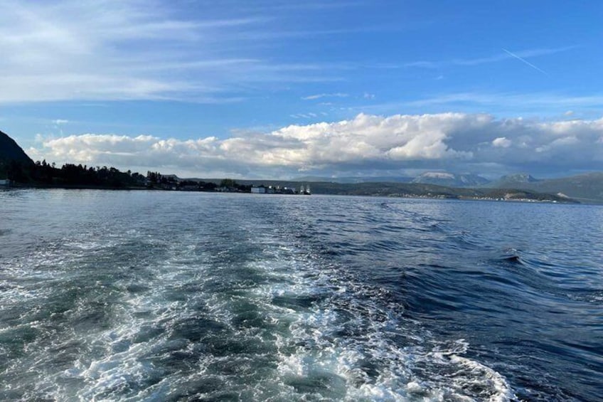A body of water with waves, a distant shoreline with buildings, and a mountain range under a partly cloudy sky. 2