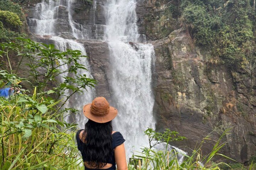 A waterfall cascading down a rocky cliff with lush greenery around. 3