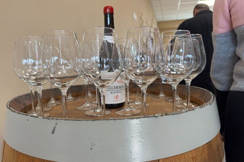 A wine bottle labeled 'Villamagna Reserva' on a tray with empty wine glasses. 5