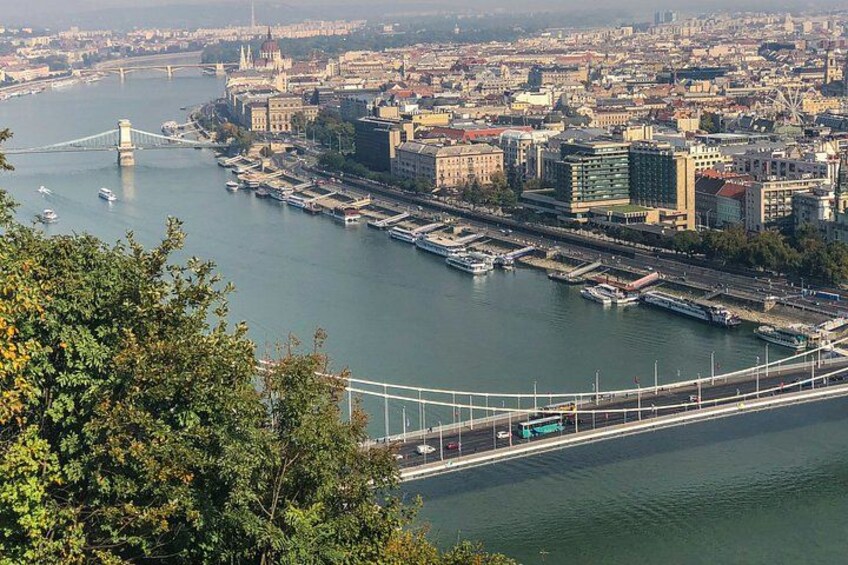 A river with a bridge, city buildings, and greenery. 5