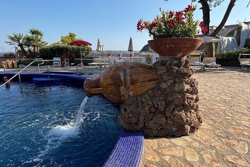 A swimming pool with a water fountain, a stone planter with red flowers, and lounge chairs in the background. 2