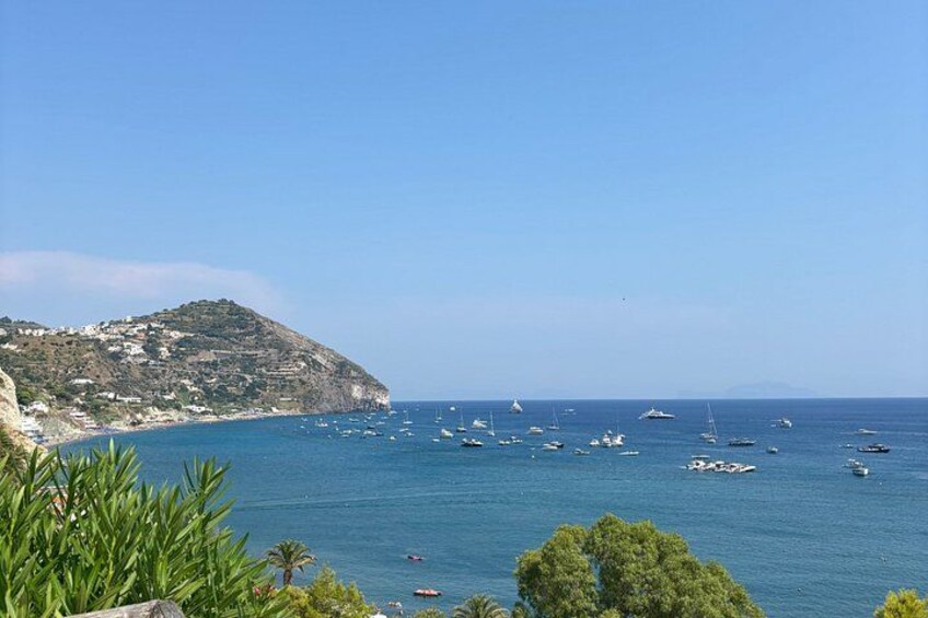 A coastal landscape with boats, greenery, and a hill. 2