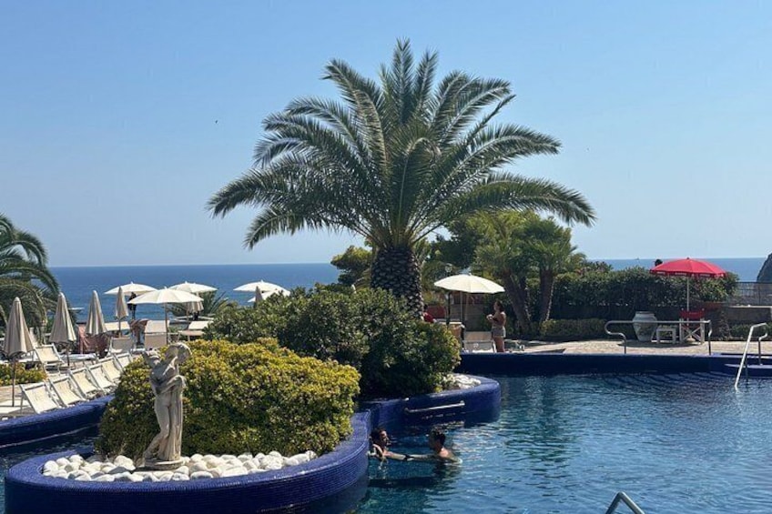 A pool with palm trees, lounge chairs, and umbrellas. 4