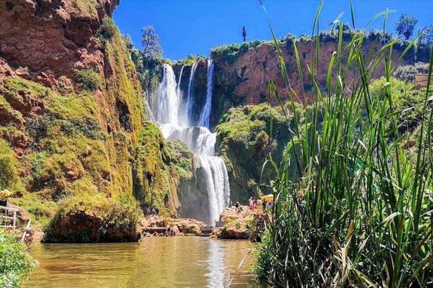 A waterfall cascading down a rocky cliff into a calm river surrounded by lush greenery. 5