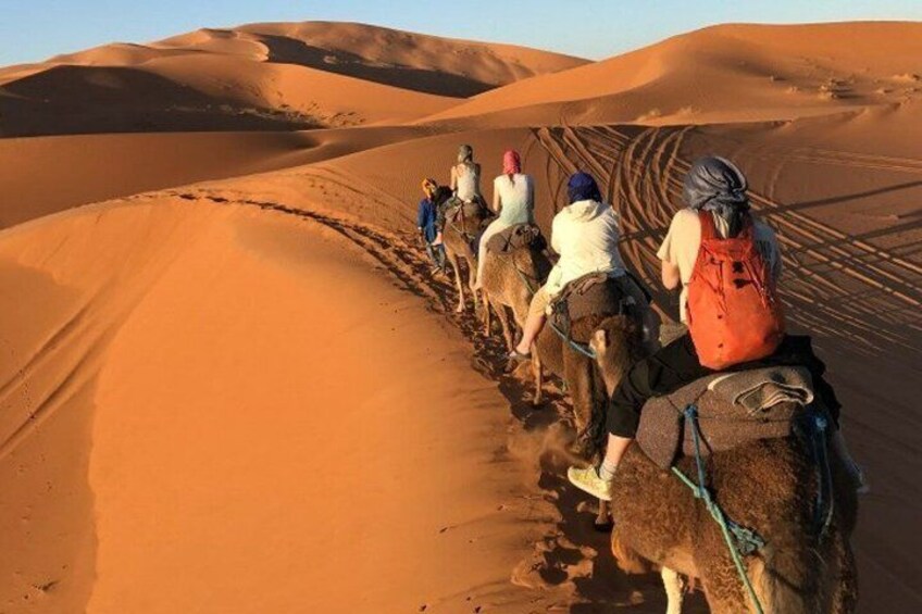 A group of people riding camels across a desert landscape. 1